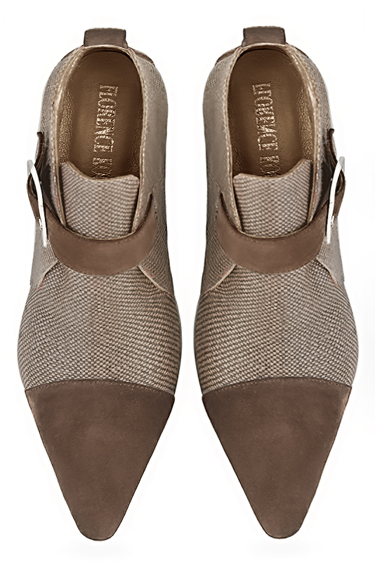 Women's chocolate brown and tan beige elegant ankle boots, with buckles at the front. Tapered toe. High kitten heels - Top view